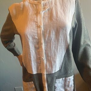 Magaschoni Silk Linen Blend Gray and Ivory Cardigan Size Medium